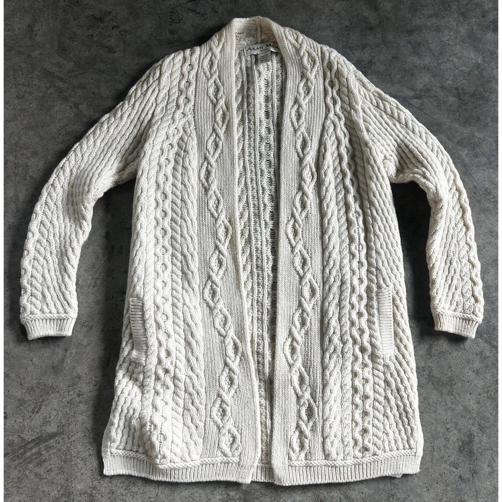 Aran Mor Ireland Cardigan Sweater Merino Wool Long Pockets Coat Chunky Knit